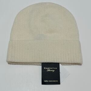 Women's Charter Club Luxury 100% Cashmere Bianco Crema Cuffed Beanie Hat